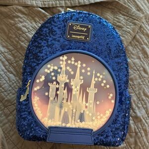 Disney Princess Loungefly backpack Cinderella Castle snow globe NWT Blue Sequin
